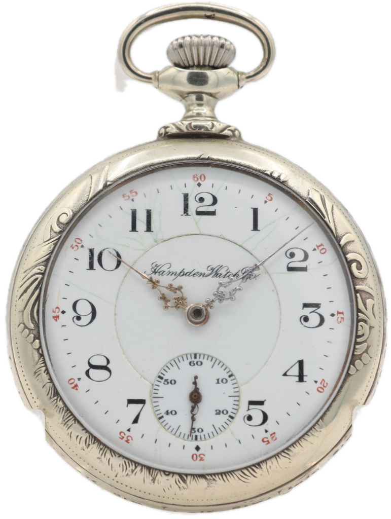 Antique 16s 1912 Hampden Repousse 17 Jewel Pocket Watch 108 Nickel USA