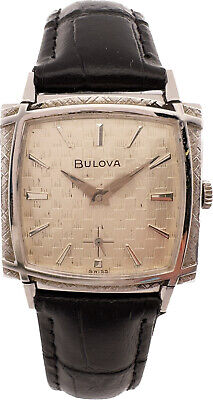 Vintage Bulova Men's Wristwatch 11AF 10k White RGP w Woven & TV Style Bezel