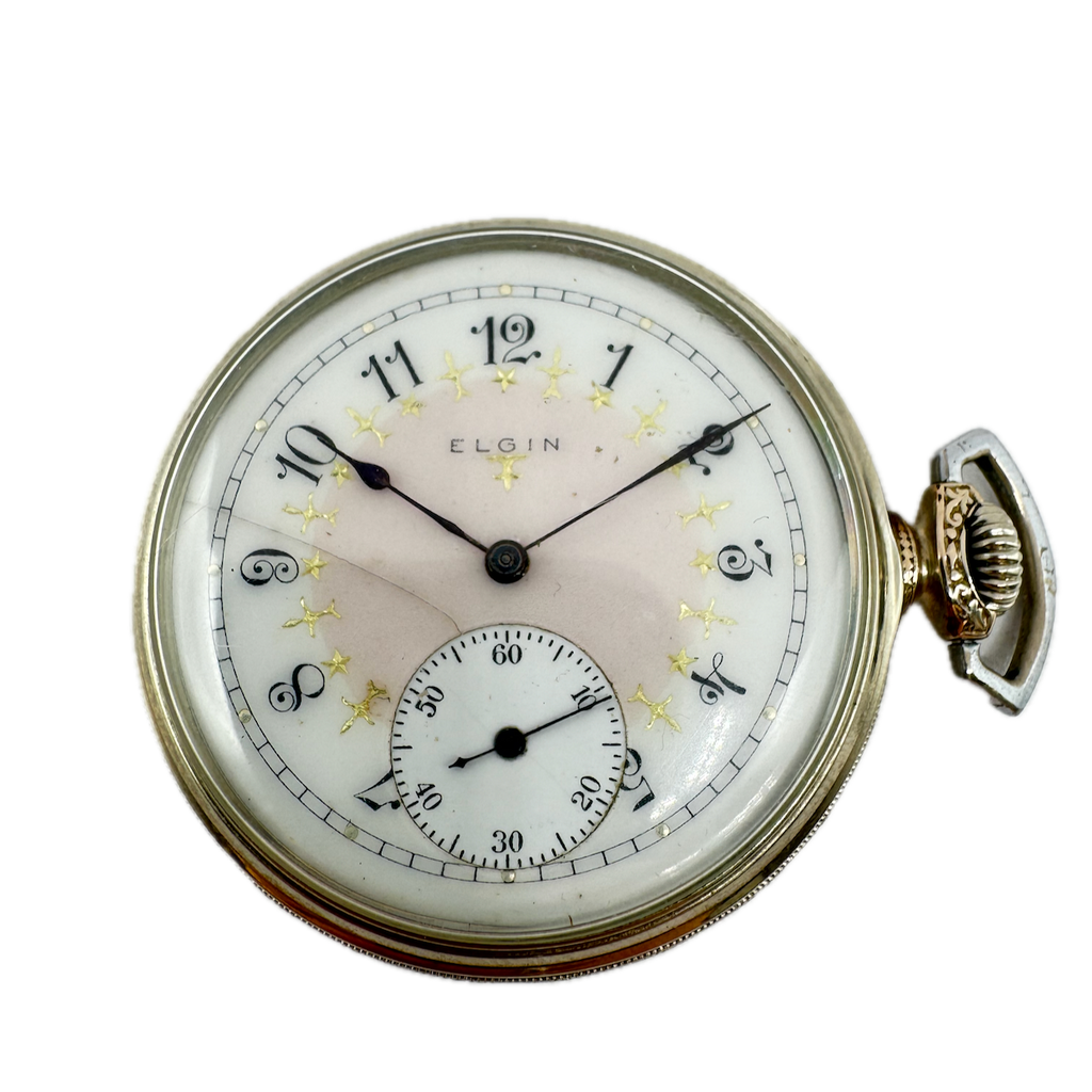 Antique 12s 1907 Elgin Multicolor Mechanical Pocket Watch 344 14k White GF