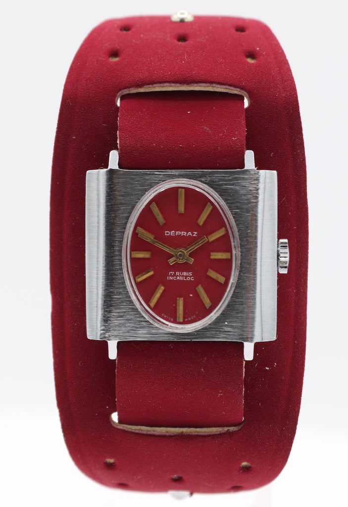 Vintage Depraz Red Dial Men's Mechanical Wristwatch Swiss Steel & Chrome