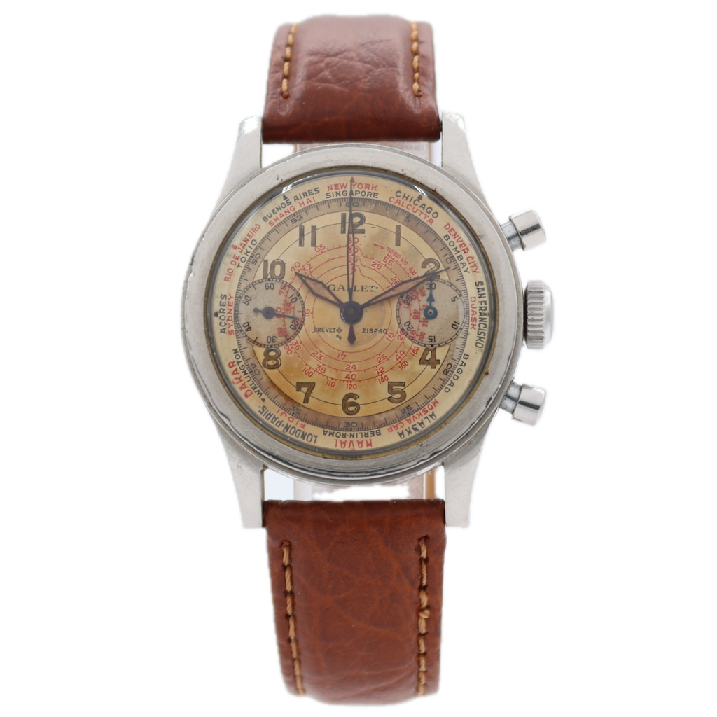 Vintage 34mm Gallet Flying Officer Men's Chronograph Wristwatch Steel First Gen