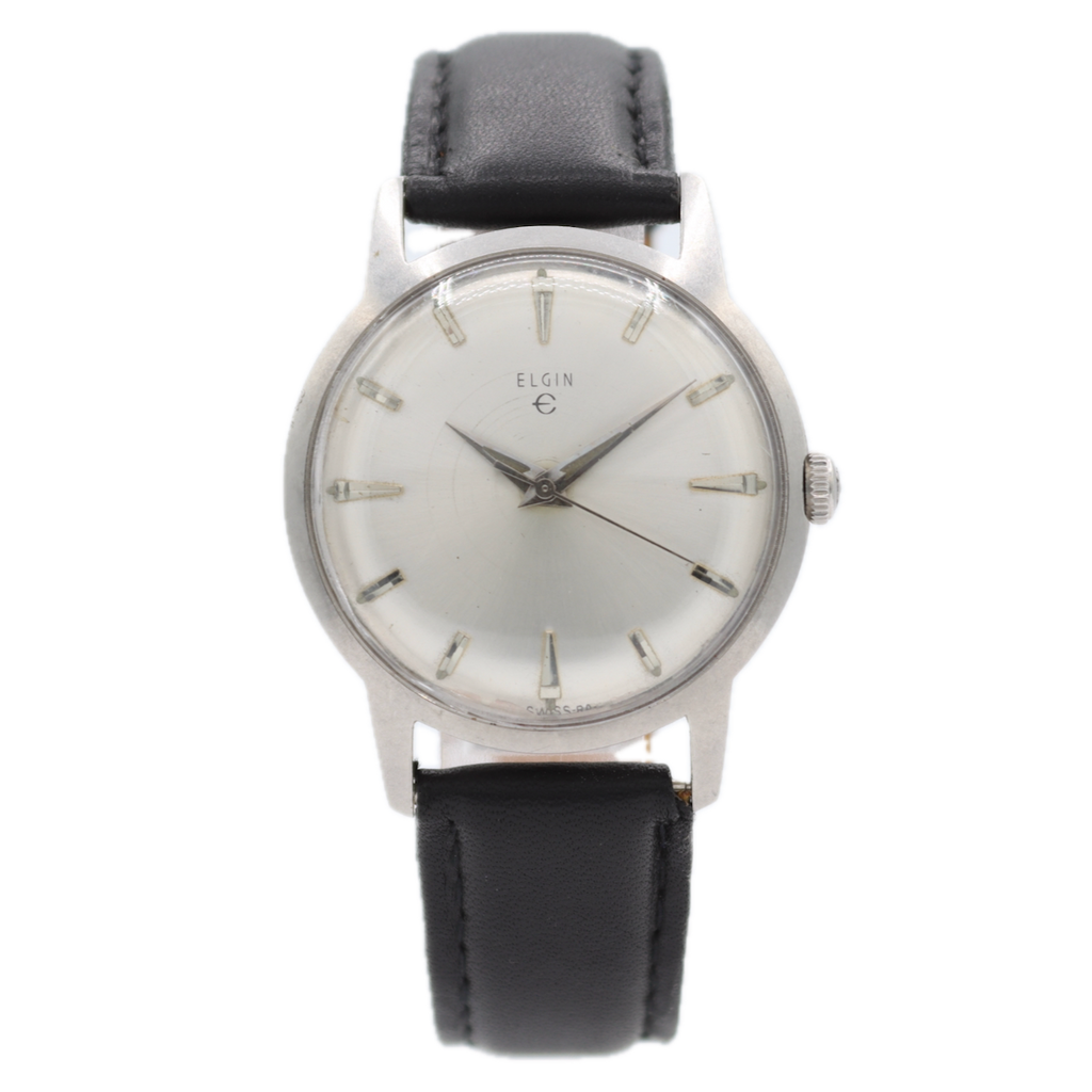 Vintage 33mm Elgin 6965 Silver Sunburst Men's Mechanical Wristwatch Swiss Steel