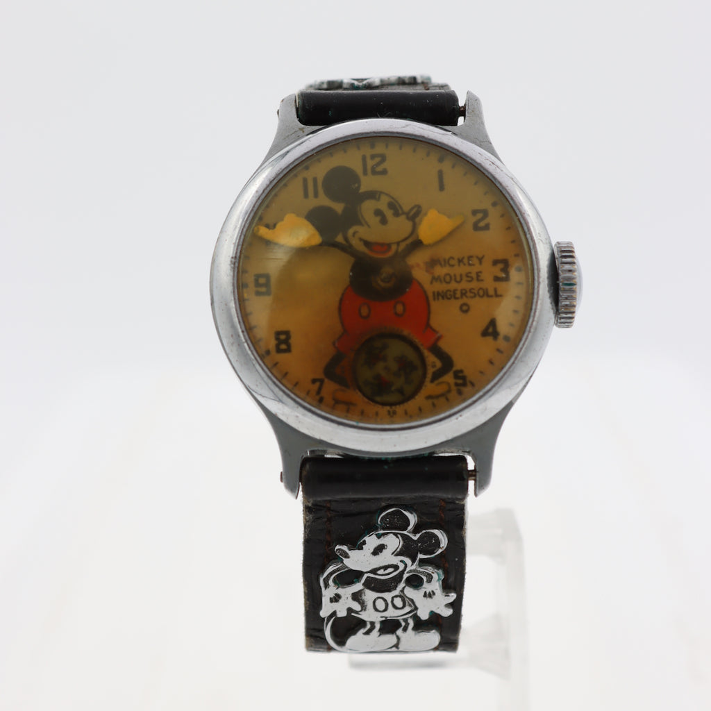 Vintage 32mm Ingersoll Mickey Mouse Men's Wristwatch w Spinning Second Disk