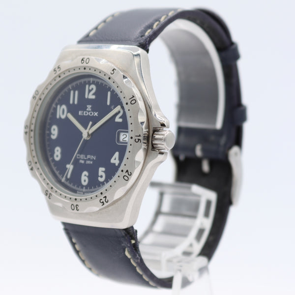 37mm Edox 70080 Delfin 200M Date Men's Quartz Wristwatch Swiss Steel Blue Dial