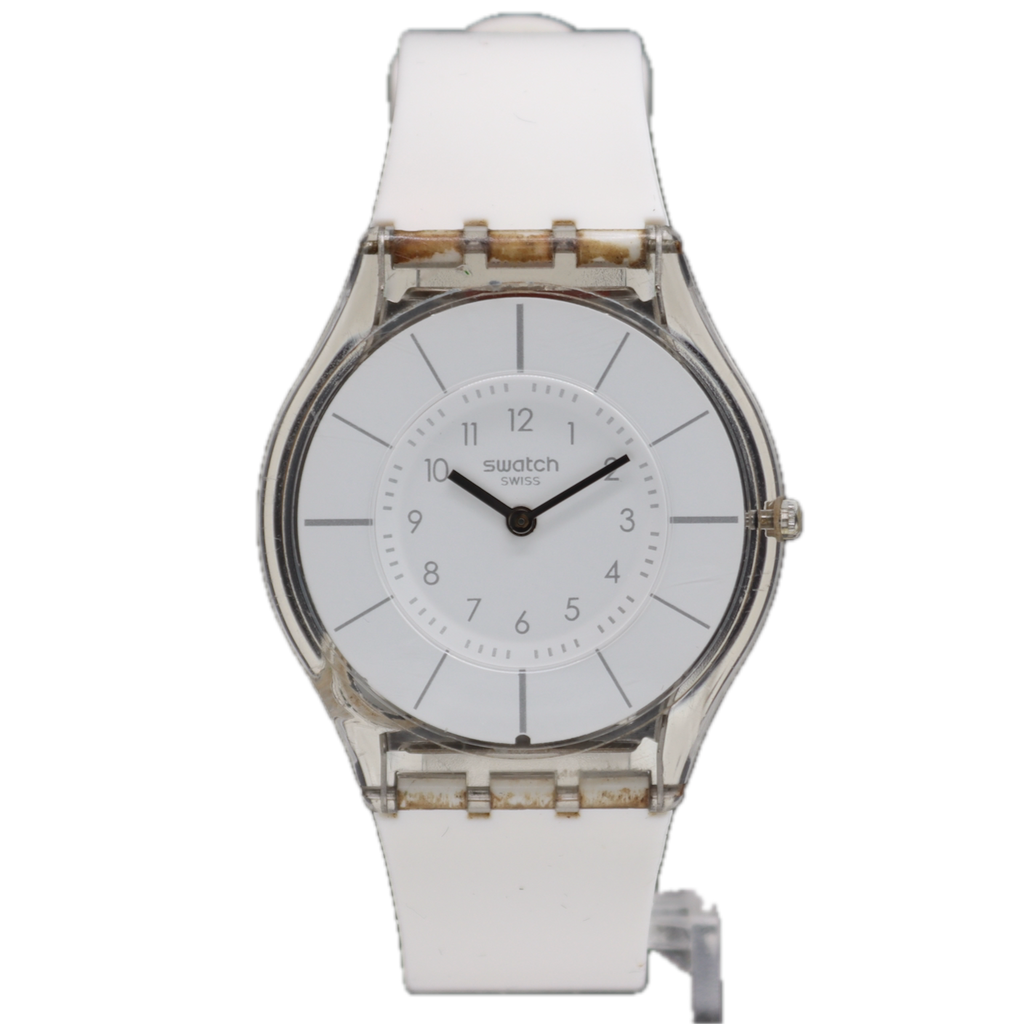 34mm Swatch White Dial Unisex Quartz Wristwatch Swiss Made Transparent Case