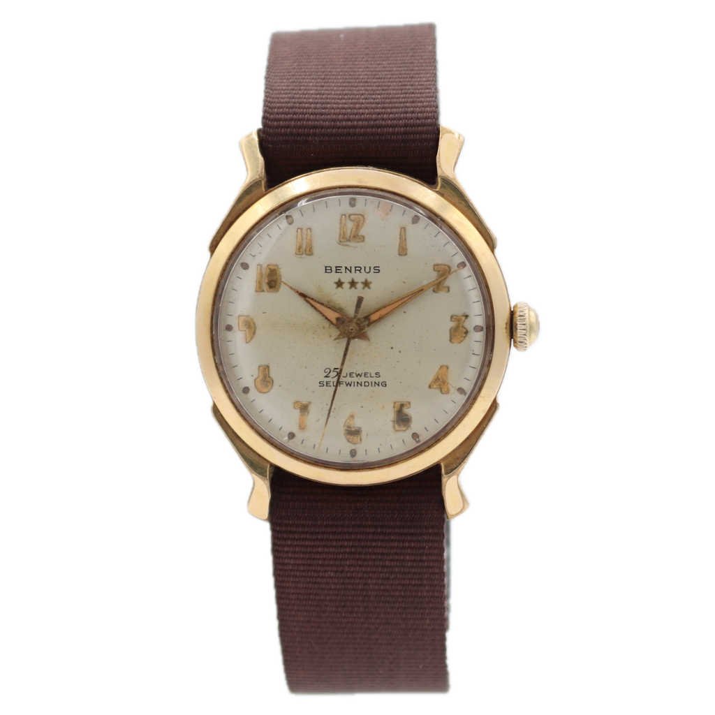 Vintage 33mm Benrus 7155 3 Star 25j Men's Automatic Wristwatch Swiss Gold Tone