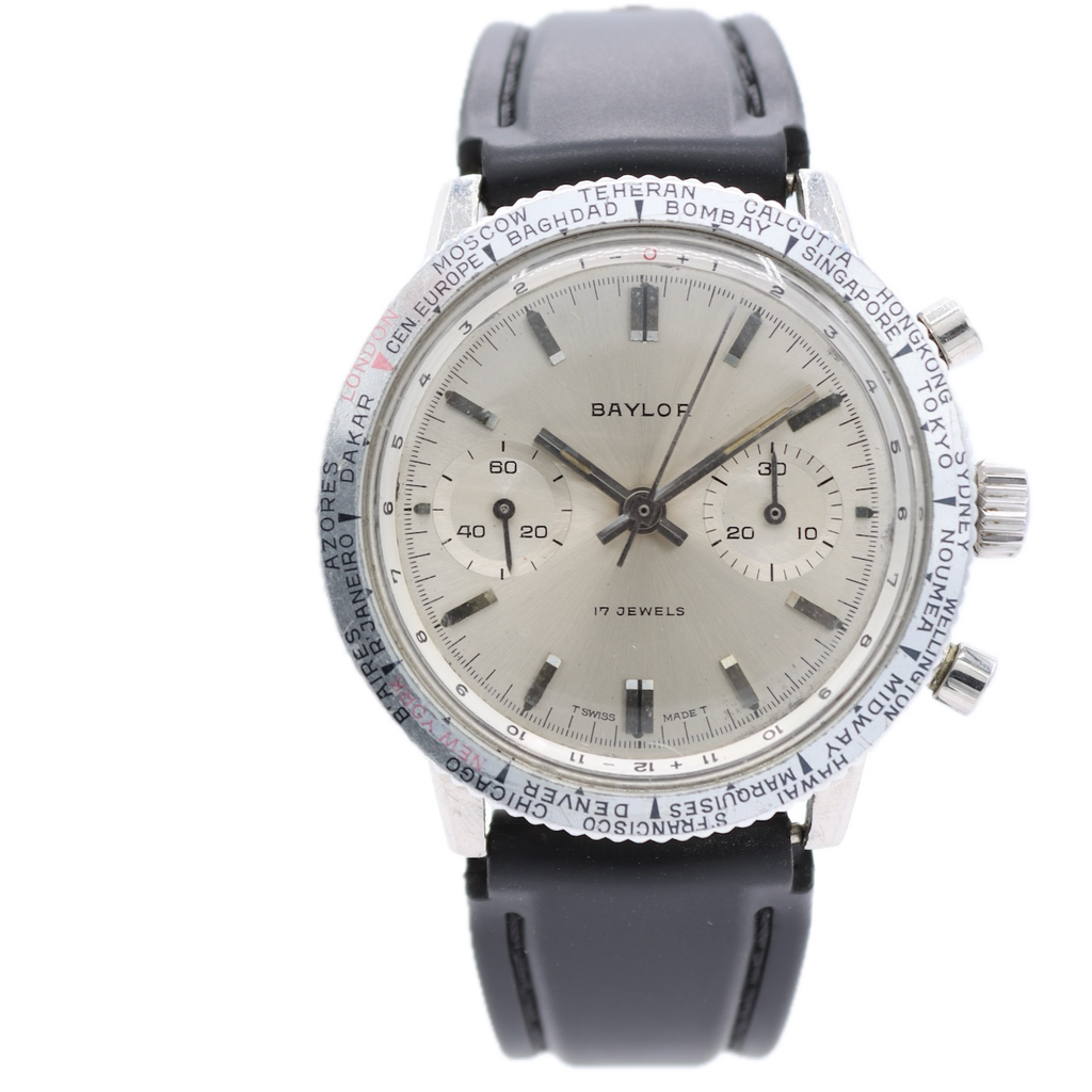 Vintage 38mm Baylor World Time Bezel Men's Chronograph Wristwatch 149 Chrome