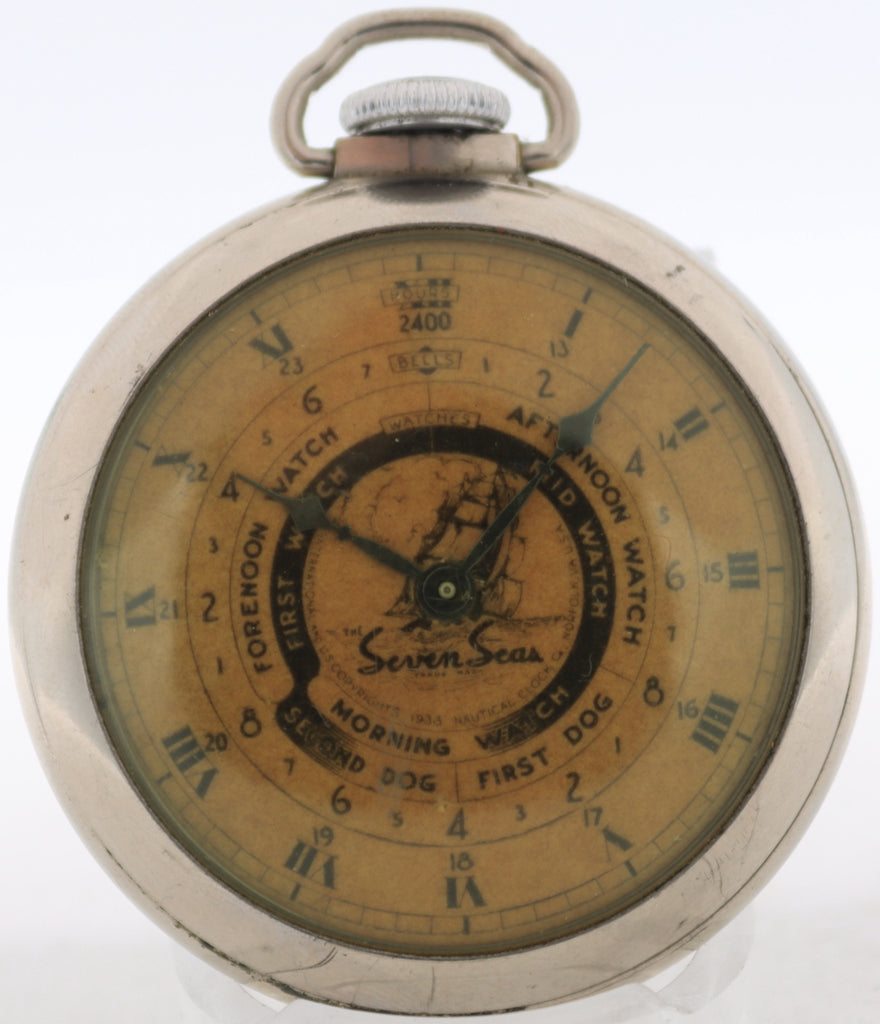 Antique E. Ingraham Co Seven Seas Mechanical Pocket Watch 28 Chrome Plated USA