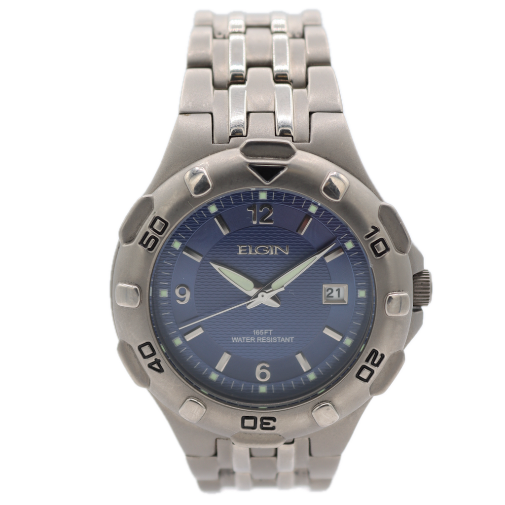 Vintage Elgin 164 Aqua Blue Date Men's Quartz Wristwatch PC32A Japan Titanium