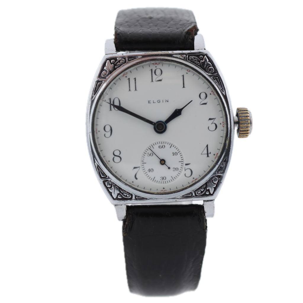 Vintage Elgin Engraved Barrel 7 Jewel Men's Mechanical Wristwatch 320 Chrome