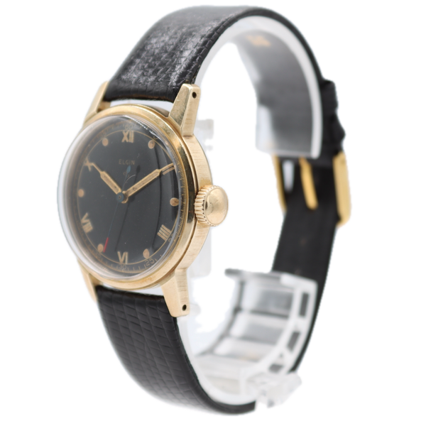 Vintage 1947 Elgin 6619 Black Men's Mechanical Wristwatch 539 10k Gold Bezel