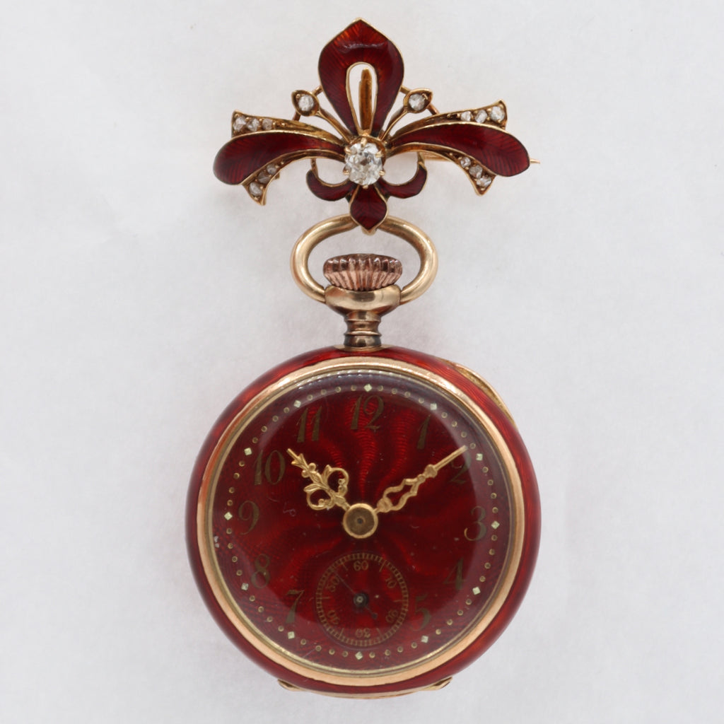 Vintage Red Enamel w Mine Cut Diamonds Mechanical Pendant Watch 14k Gold