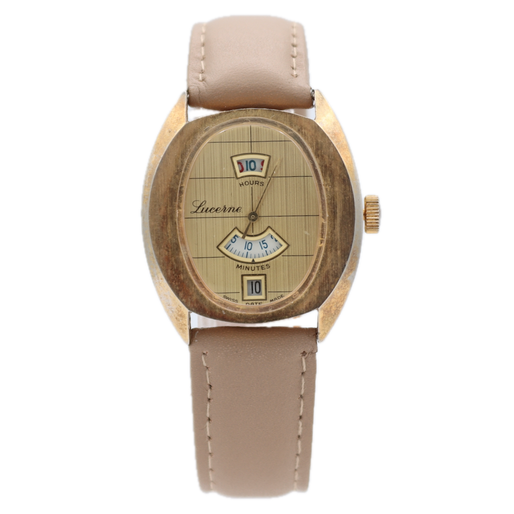 Lucerne 9857 Jump Hour Men's Mechanical Wristwatch Bettlach 8800 Swiss Gold Tone