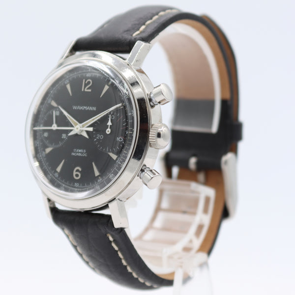 Vintage Wakmann Black Dial Men's Chronograph Wristwatch Venus 188 France Steel