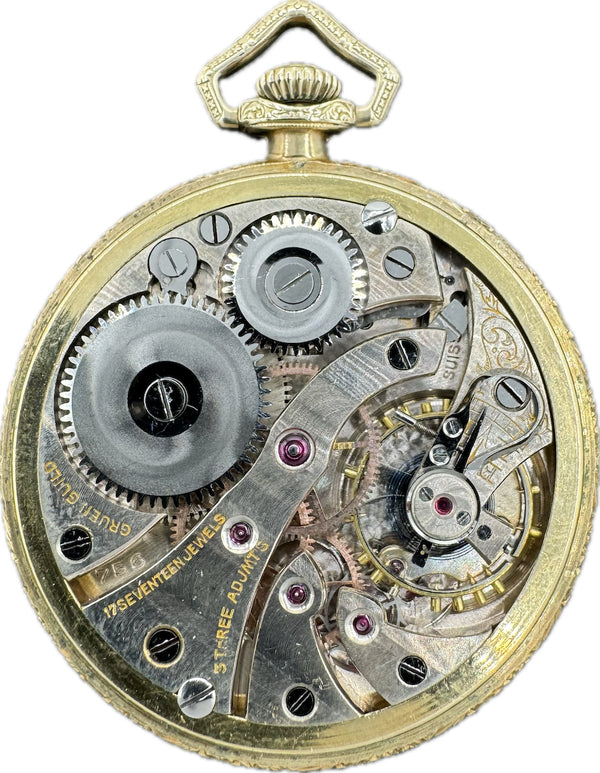 Antique Gruen Engraved Dial Mechanical Pocket Watch 756 14k Gold Filled Deco