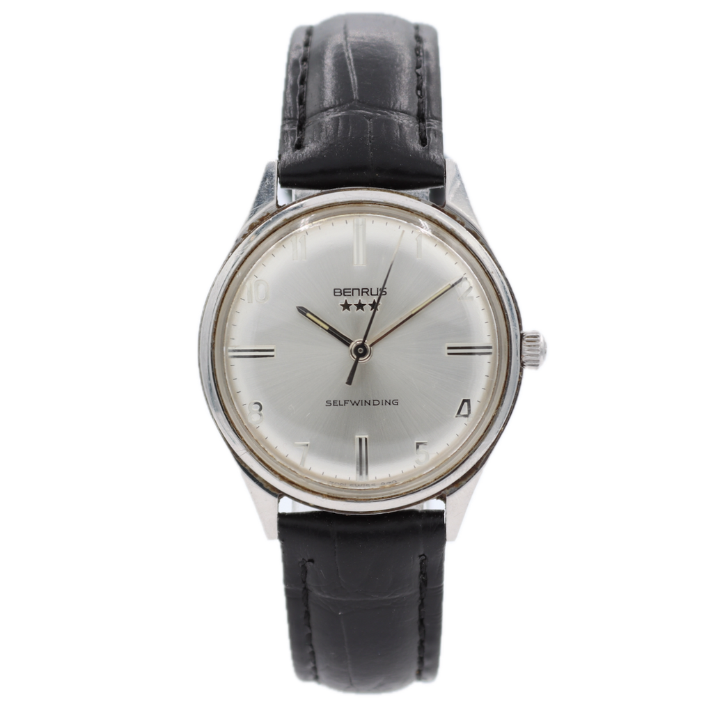 Vintage 32mm Benrus 7001 Sunburst Men's Automatic Wristwatch Swiss Steel 3 Star