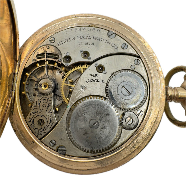 Antique 12S Elgin Mechanical Hunter Pocket Watch Grade 363 Gold Filled Fancy