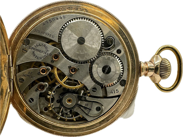 Antique 12S Illinois Mechanical Pocket Watch 415 14k GF Guilloche & Coin Center