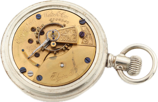 Antique 18S Elgin Coin Edge Mechanical Open Face Pocket Watch Grade 74 Nickel