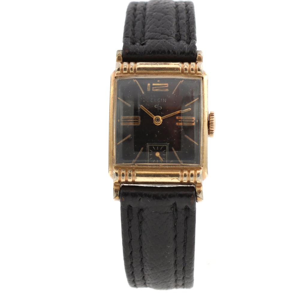Vintage Elgin 6519 Art Deco Men's Mechanical Wristwatch 673 10k RGP Black Dial