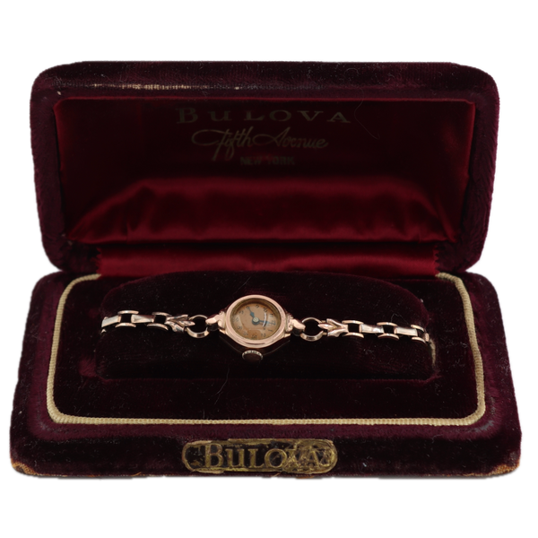 Vintage Bulova Cocktail 17J Ladies Mechanical Wristwatch 5AB 14k Rose GF W/Box