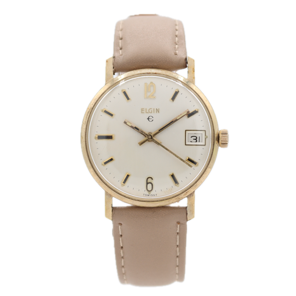 Vintage 32.5mm Elgin Pinstripe Date Men's Mechanical Wristwatch Swiss Two Tone