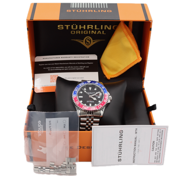 43mm Stuhrling Meridian GMT Men's Quartz Wristwatch Steel 