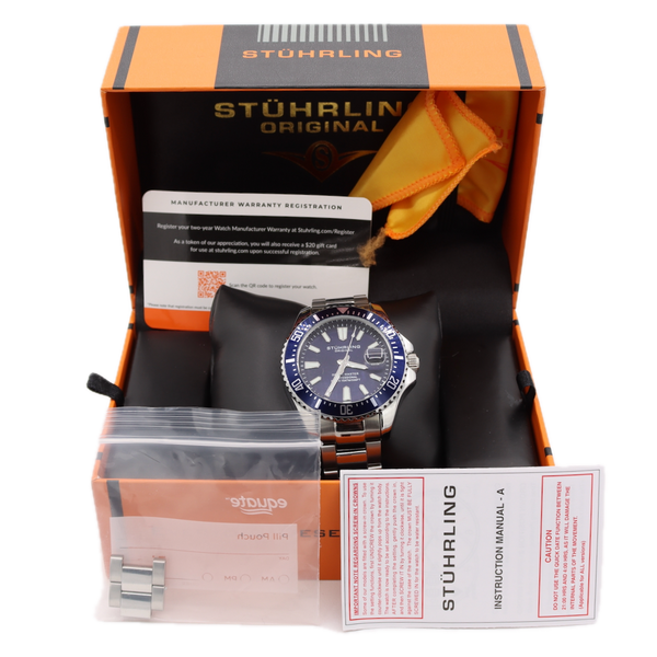 44mm Stuhrling Depth Master Pro Men's Quartz Wristwatch Steel Blue Diver W/ Box