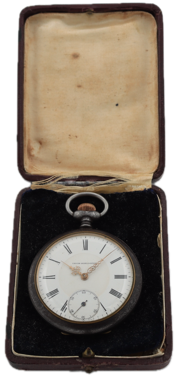 Antique Union-Horlogere Depose Mechanical Pocket Watch w/ Box PVD Swiss