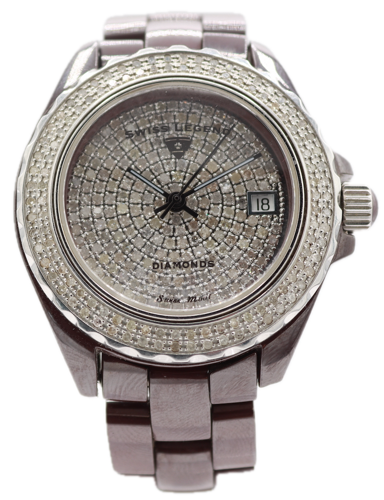 Swiss Legend Karamica Pave Diamond Dial & Bezel Ladies Quartz Wristwatch Ceramic