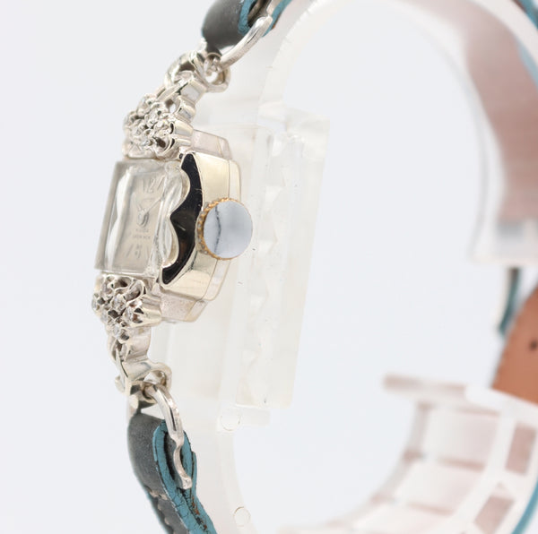Vintage Nivada Grenchen 12 Diamonds Ladies Mechanical Wristwatch 14k White Gold