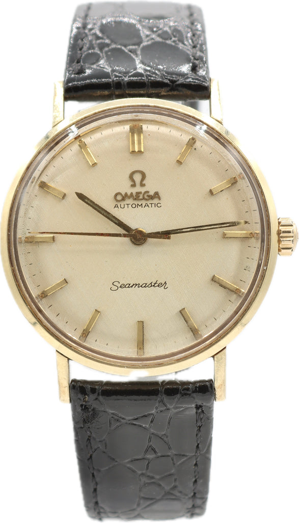 Vintage 34mm Omega Seamaster Linen Dial Men's Automatic Wristwatch 14k Gold