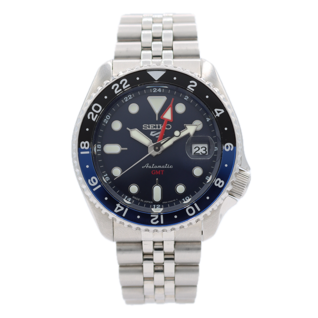 Vintage 42.5mm Seiko 4R34-00A0 Blue Black Bezel 24j Men's Automatic Wristwatch