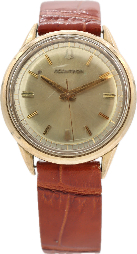 Vintage 35mm Accutron Gold Dial Men's Tuning Fork Wristwatch 218 USA 10k GF
