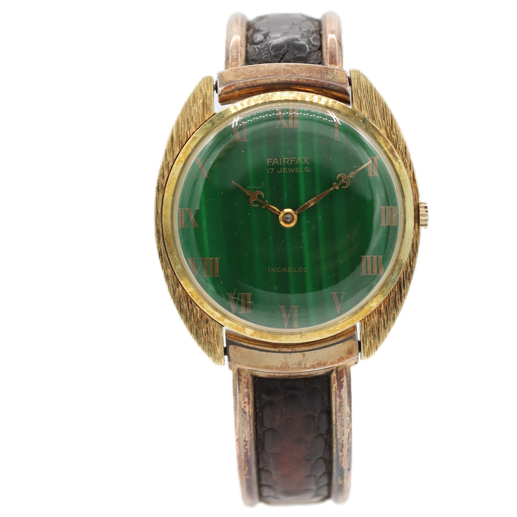 Vintage Fairfax Green Tiger Eye w Fleur De Lis Hands Men's Wristwatch Bark Case