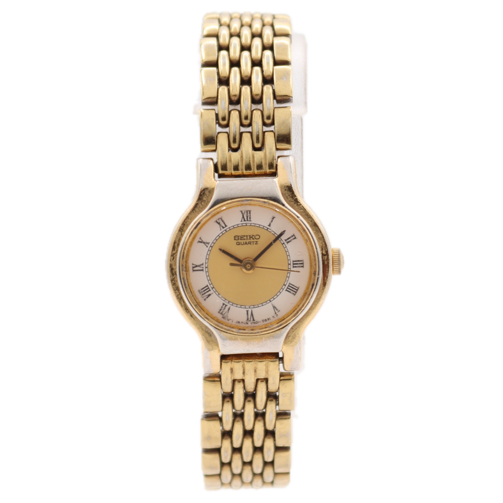 19.5mm Seiko V401-0289 Two Tone Dial Ladies Quartz Wristwatch Japan Gold Tone