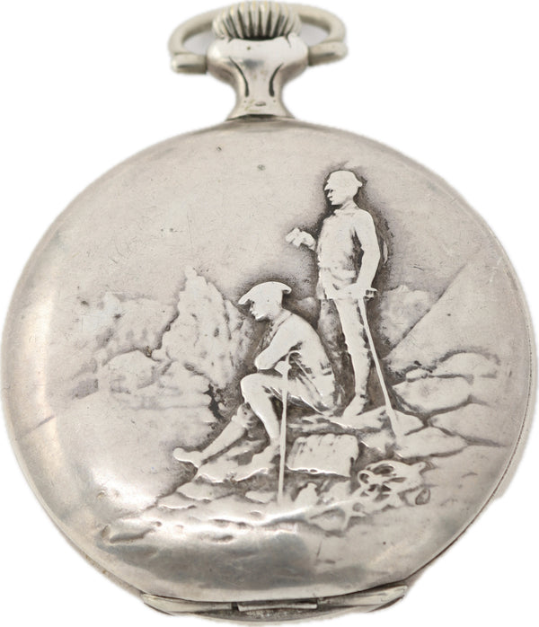 Antique Erotic Artist Signed Dial Hunter Pocket Watch .800 Silver Miner on Case