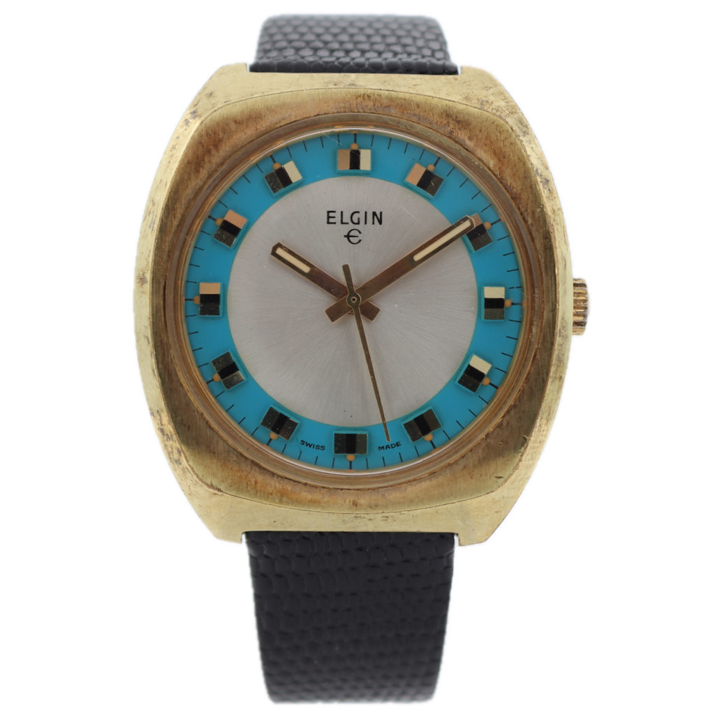Vintage Elgin Blue Two Tone Men's Mechanical Wristwatch 327 Swiss Gold Tone