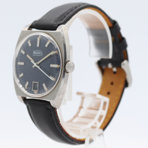 Vintage 34mm Ernest Borel Blue Date Men's Automatic Wristwatch Swiss Steel