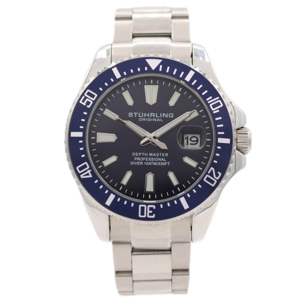 44mm Stuhrling Depth Master Pro Men's Quartz Wristwatch Steel Blue Diver W/ Box