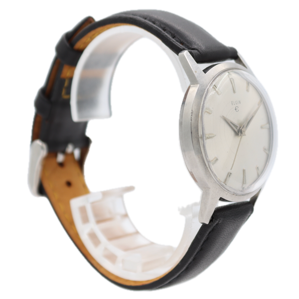 Vintage 33mm Elgin 6965 Silver Sunburst Men's Mechanical Wristwatch Swiss Steel