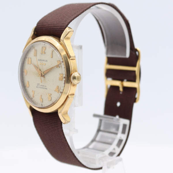 Vintage 33mm Benrus 7155 3 Star 25j Men's Automatic Wristwatch Swiss Gold Tone