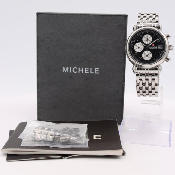 36mm Michele 71-500-C Sport Ladies Quartz Chronograph Wristwatch Steel W/ Box