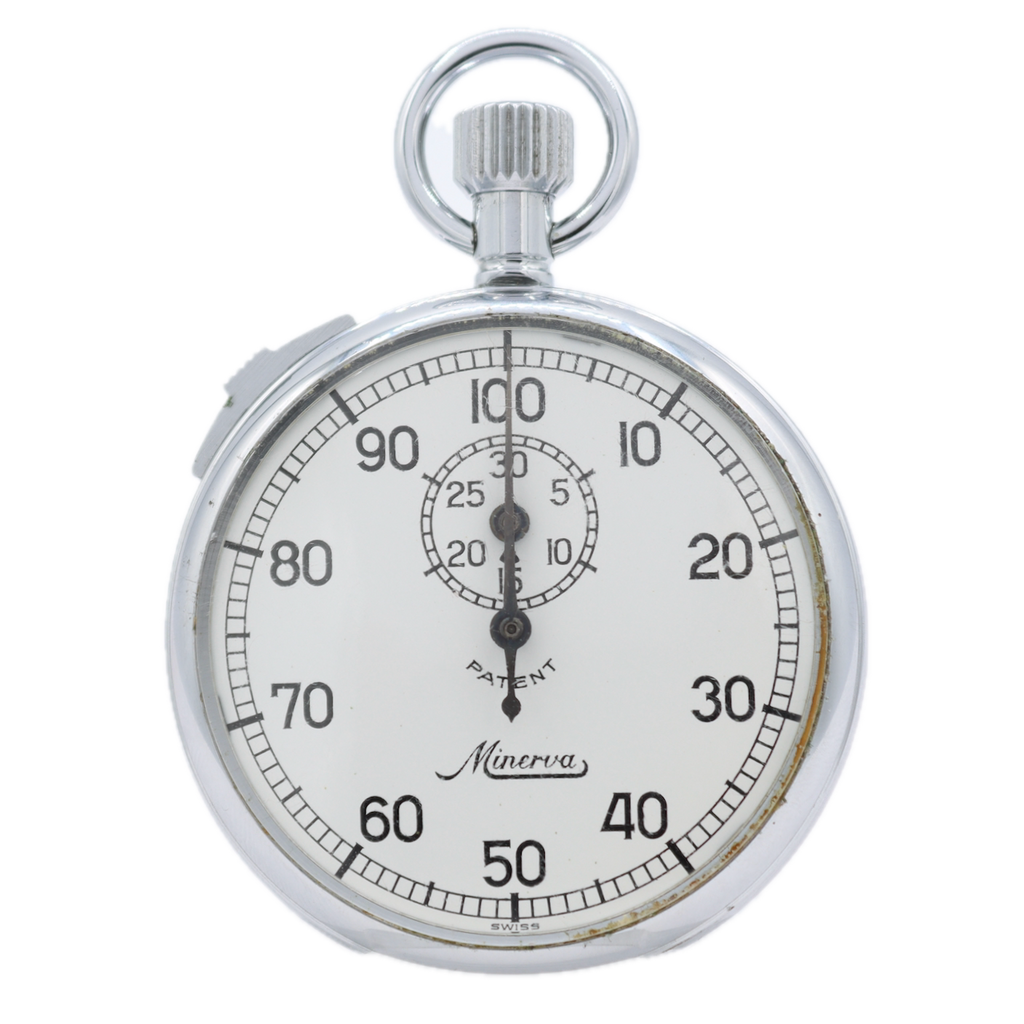 Antique 51mm Minerva 7j Mechanical Stop Watch RFV Depose Chrome Plated Swiss