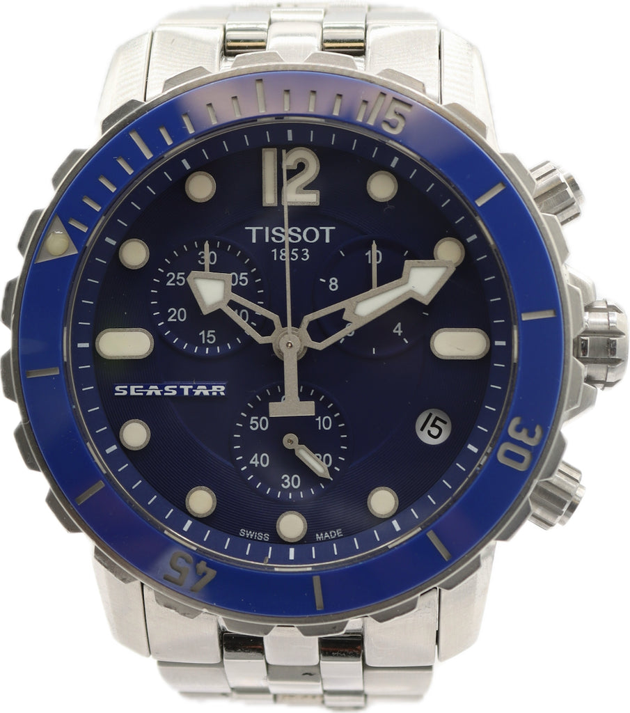 44mm Tissot Seastar Chronograph Men's Quartz Wristwatch Swiss Stainless Blue