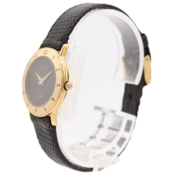 25.5mm Gucci Leather Strap Black Dial Ladies Quartz Wristwatch Swiss Gold Tone