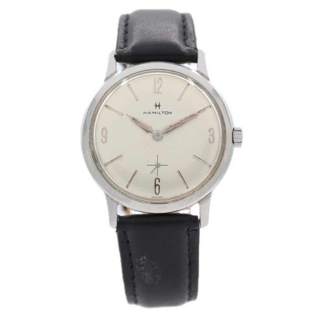 Vintage 33mm Hamilton White Dial Men's Mechanical Wristwatch Swiss Steel W/ Box