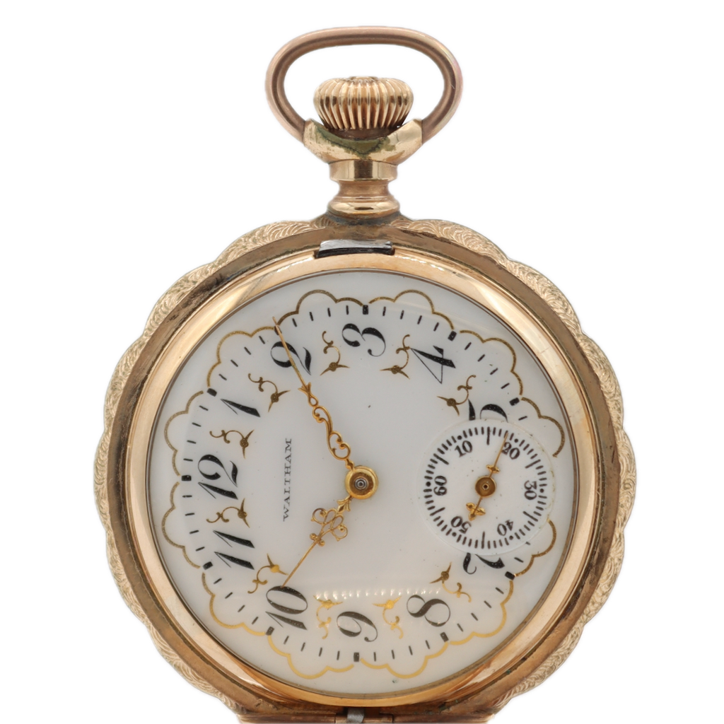 Antique 0s 1904 Waltham Scalloped Multicolor Hunter Pocket Watch 61 10k GF