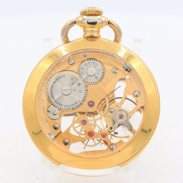Vintage 18s Arnex Gold Skeleton 17 Jewel Mechanical Pocket Watch 497 Gold Tone