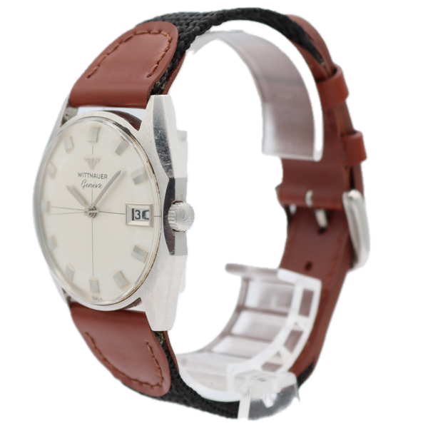 33mm Wittnauer Sunburst Date Men's Wristwatch Swiss Stainless Steel Silver Dial